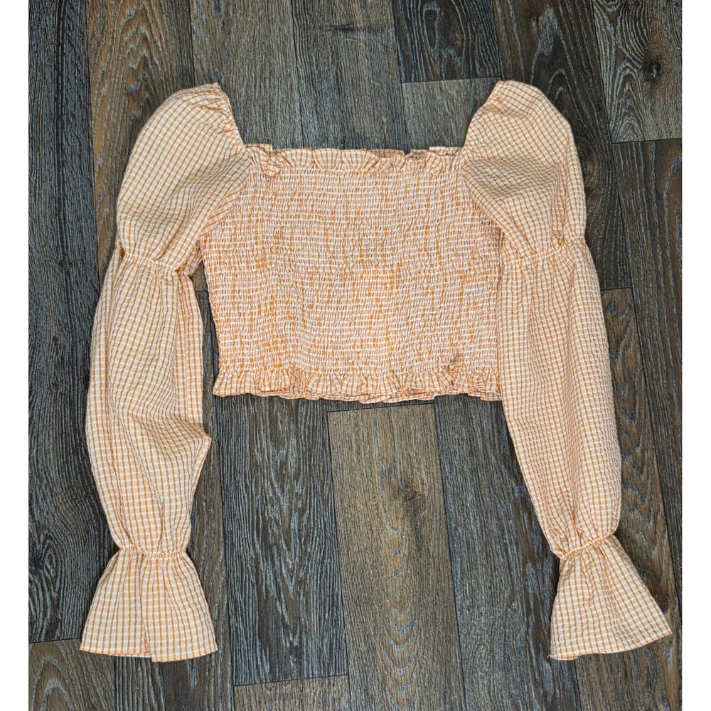 Lush Orange Gingham Smocked Crop Top Long Puff Sleeve Mango  Large